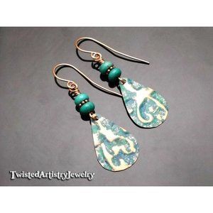 Turquoise and Enameled Copper Teardrop Earrings One-Of-A-Kind Handmade